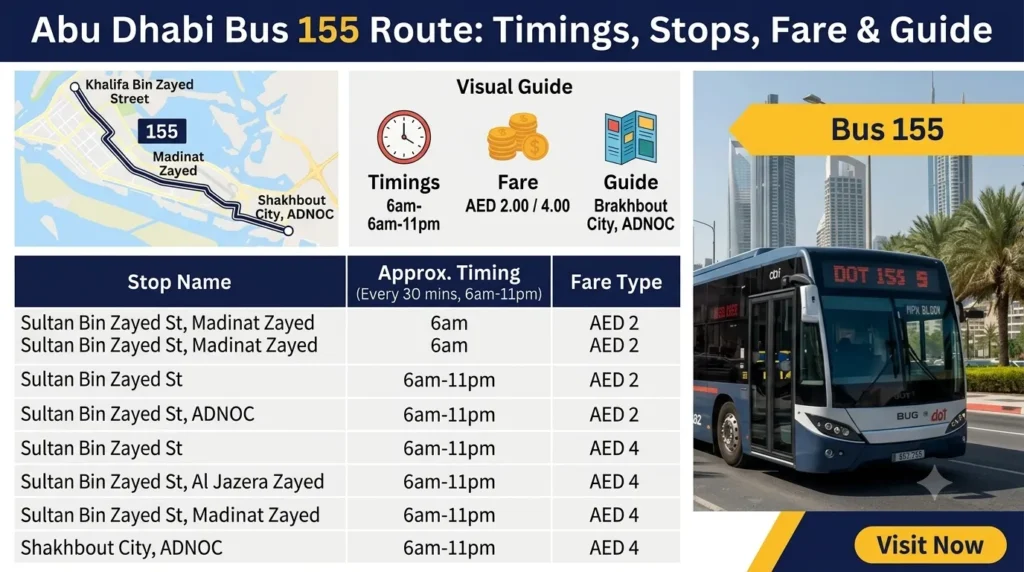 abu dhabi bus 155 route timing, stops