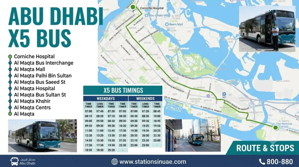 abu dhabi x5 bus timings, route, stops