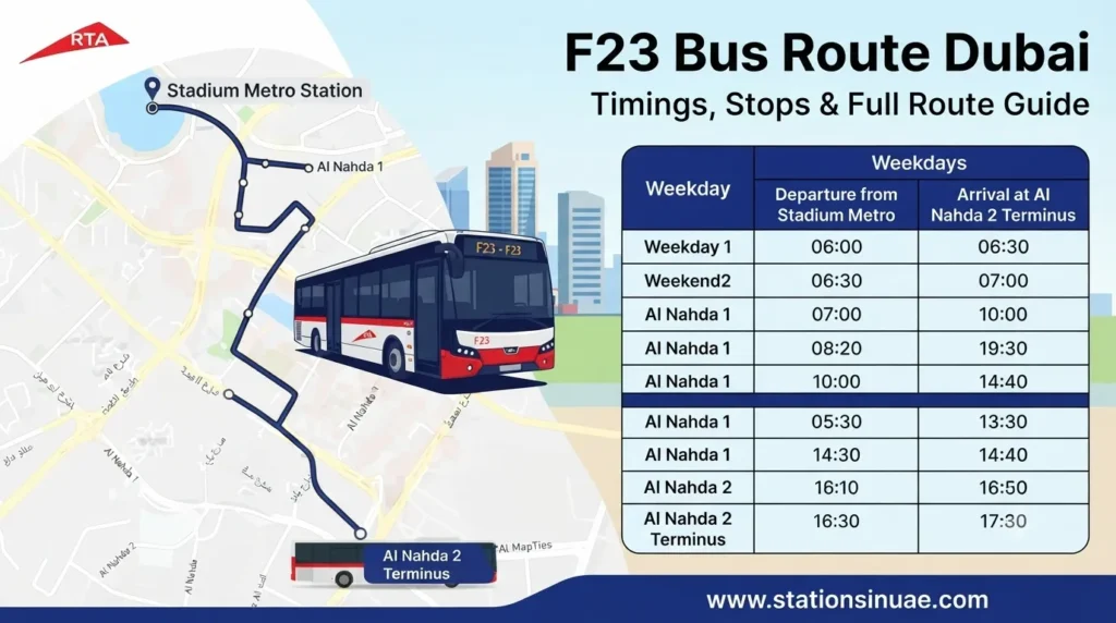 f23 bus route dubai timings, stops